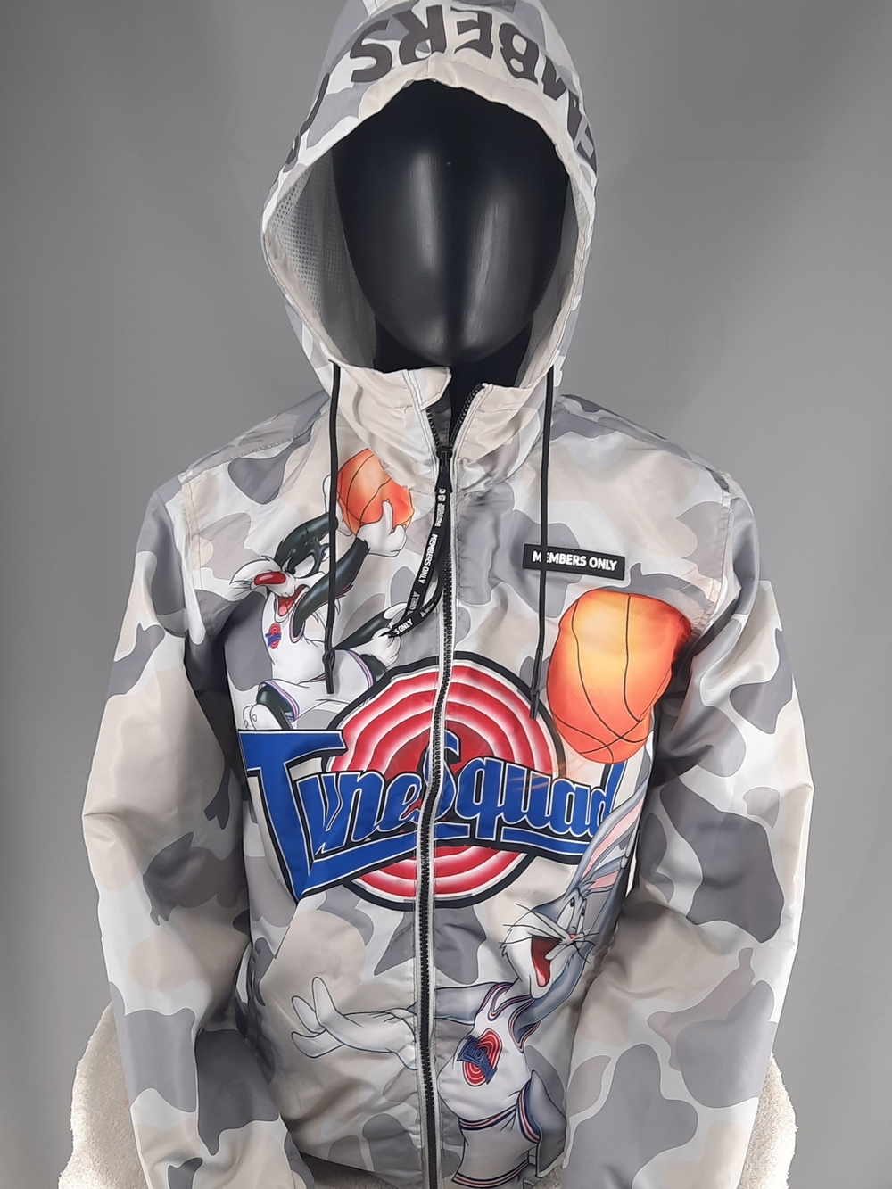 Members Only Space Jam Gray Jacket Men's L Camouflage Hooded Full Zip